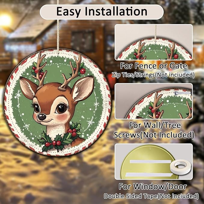 Round Retro Reindeer Metal Tin Sign - Vintage Christmas Decor for Home Coffee Wall - 12 * 12 in