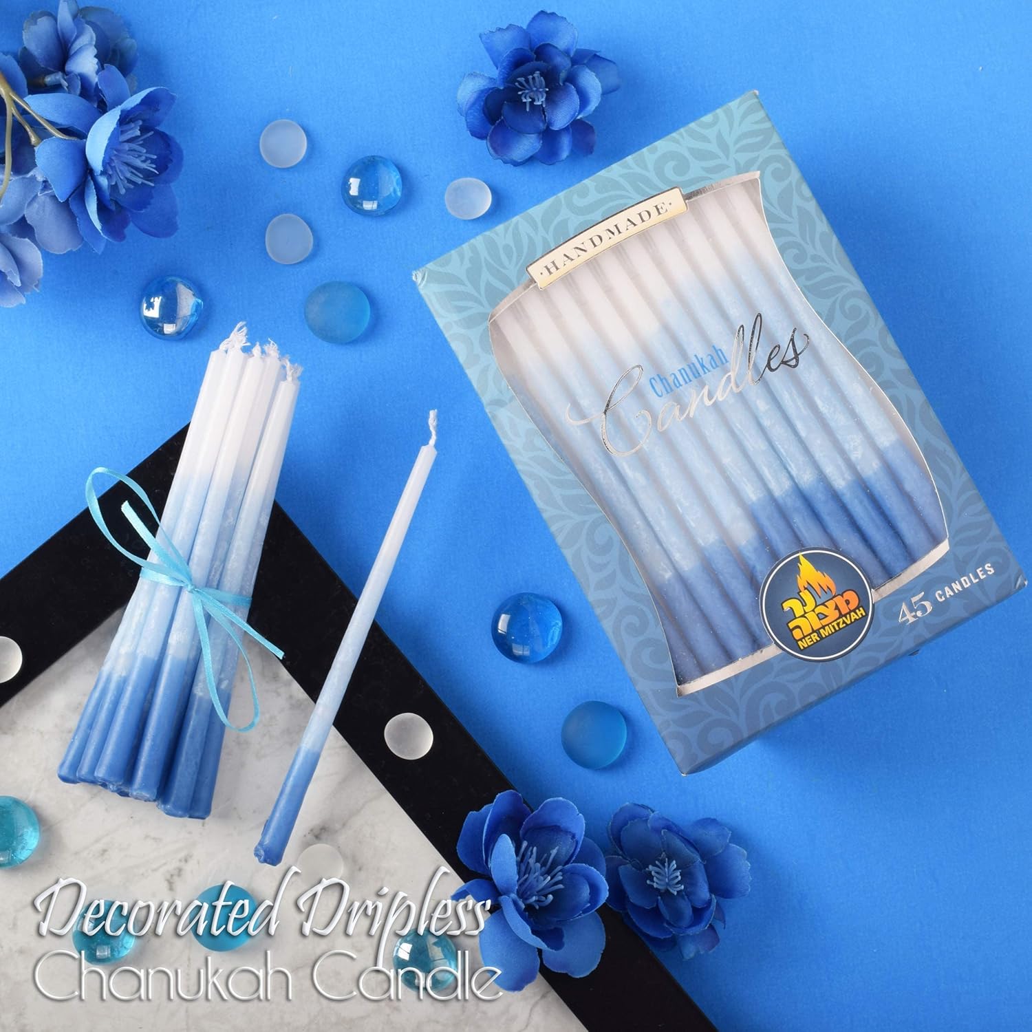 Ner Mitzvah Dripless Chanukah Candles, Decorated Ombre Blue & White Hanukkah Candles Fits Most Menorahs, Premium Quality Wax for All 8 Nights of Hanukkah - Standard Size - 45 Count