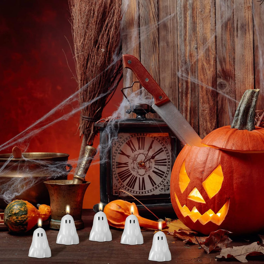 Jutom 10 Pcs Halloween Ghost Candles White Burning Candles Soy Wax for Halloween Home Table Party Decorations(Classic)