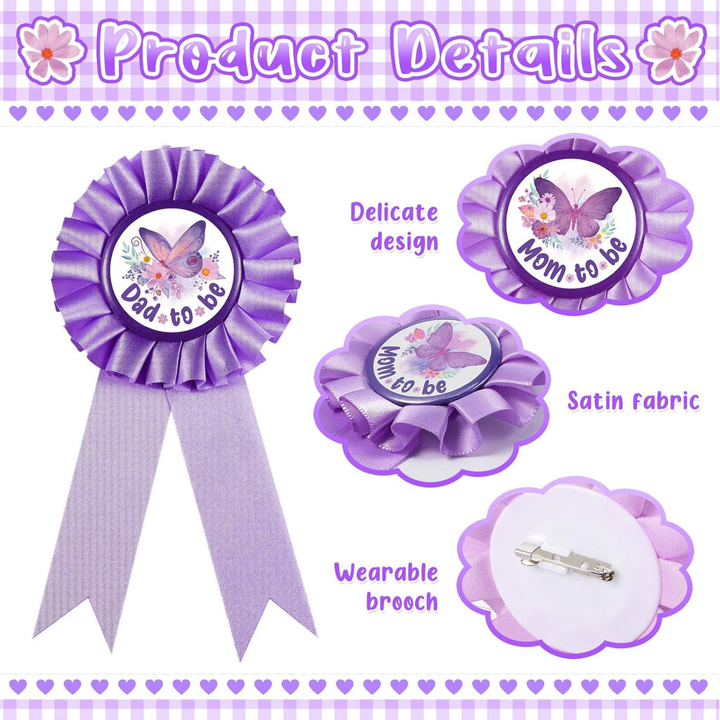 Chunful Butterfly Theme Mom to Be Sash Baby Shower Dad to Be Pin and Flower Crown Headband for Gender Reveals Party Baby Shower Party Favors Decorations for Girls Pregnancy Photo Props Gifts（Purple）