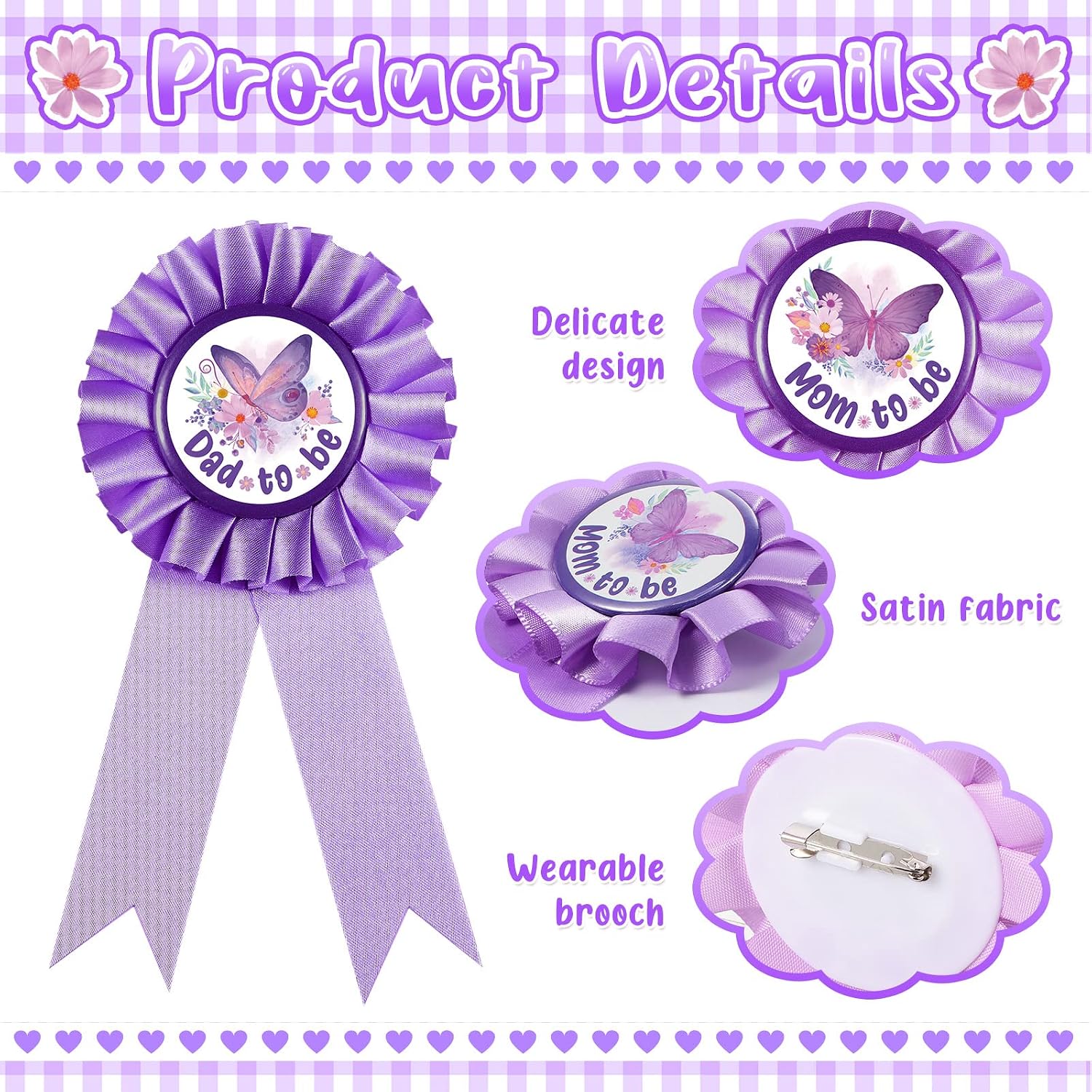 Chunful Butterfly Theme Mom to Be Sash Baby Shower Dad to Be Pin and Flower Crown Headband for Gender Reveals Party Baby Shower Party Favors Decorations for Girls Pregnancy Photo Props Gifts（Purple）