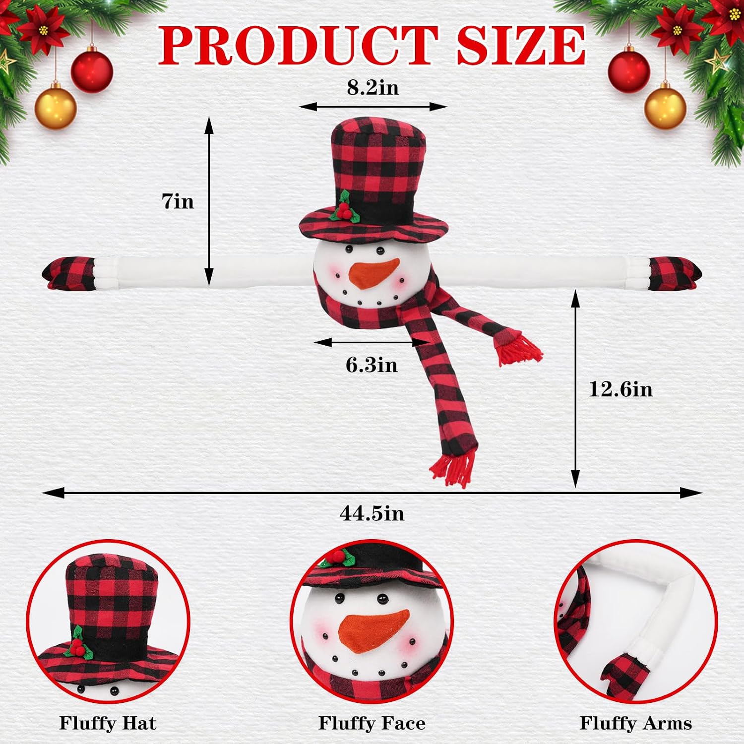 Christmas Snowman Tree Topper, Large Plush Snowman Treetop Hugger with Red and Black Buffalo Plaid Hat & Scarf, Fluffy Xmas Tree Ornament Holiday Winter Wonderland Home Party Decorations Supplies