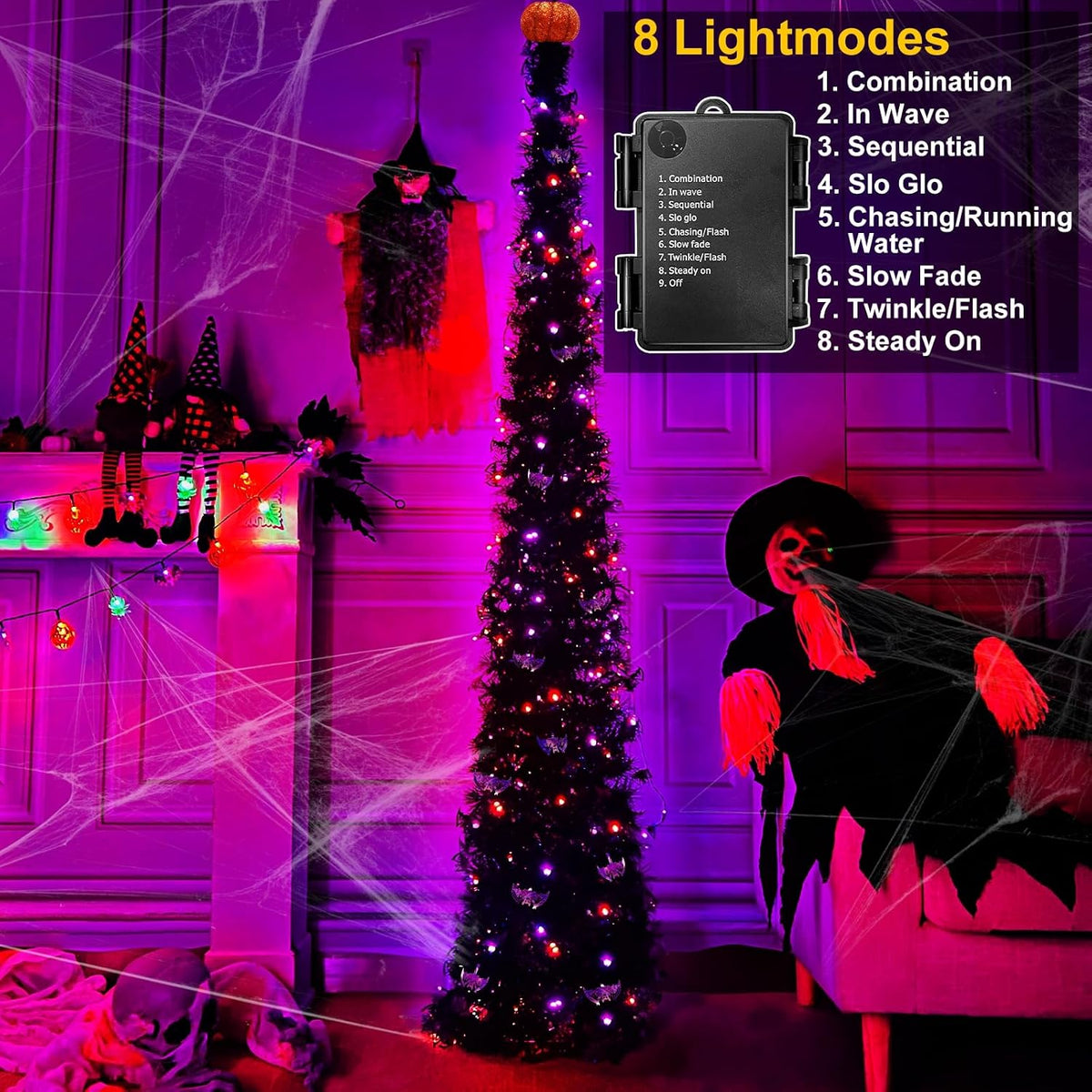 TURNMEON 6 Ft Black Tinsel Halloween Tree with Lights Halloween Decorations