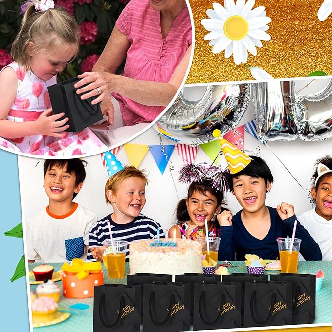 Sherr 100 Pack Mini Gift Bags Bulk, 4 x 2.75 x 4.5 Inches Paper Bags with Tags, Extra Small Paper Gift Boxes with Handles for Birthday, Party Favors, Weddings, Small Business(Black)