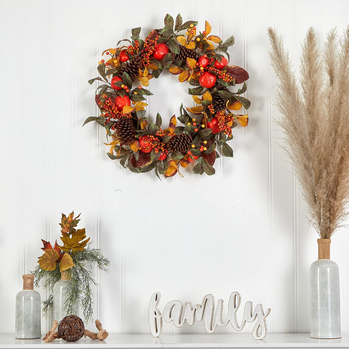 Nearly Natural 26 in Autumn Maple, Persimmons, and Pinecones Fall Wreath