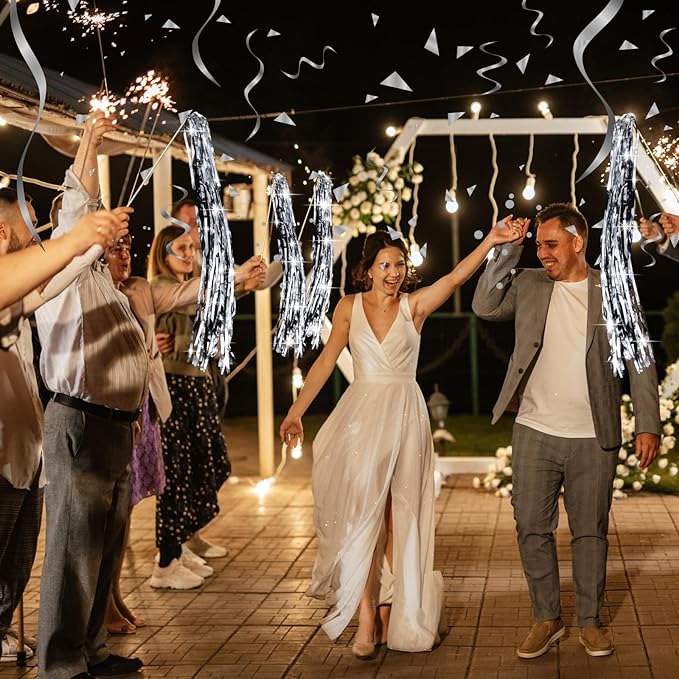 50 Pcs Wedding Fairy Wands with Bells Foil Tinsel Ribbon Stick Wands Tinsel Party Streamers with Bell Glittery Bridal Wedding Send Off Ideas Holiday Celebration (Silver)