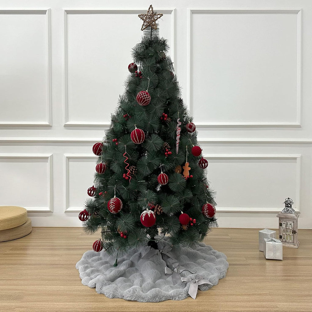 36-Inch Puff Quilt Faux Fur Christmas Tree Skirt, Soft Plush Tufted Texture with Satin Ribbon Ties, Cloud Gray