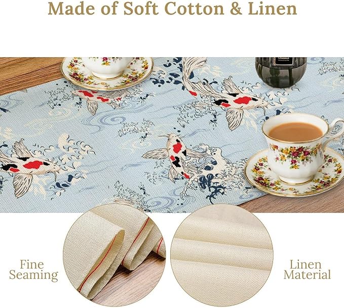 Kio Fish Table Runner Waves Retro Japanese Tradition Art Printed Burlap Runner Home Kitchen Dining Table Living Room Decor Fabric 1 Panel W13xL90in