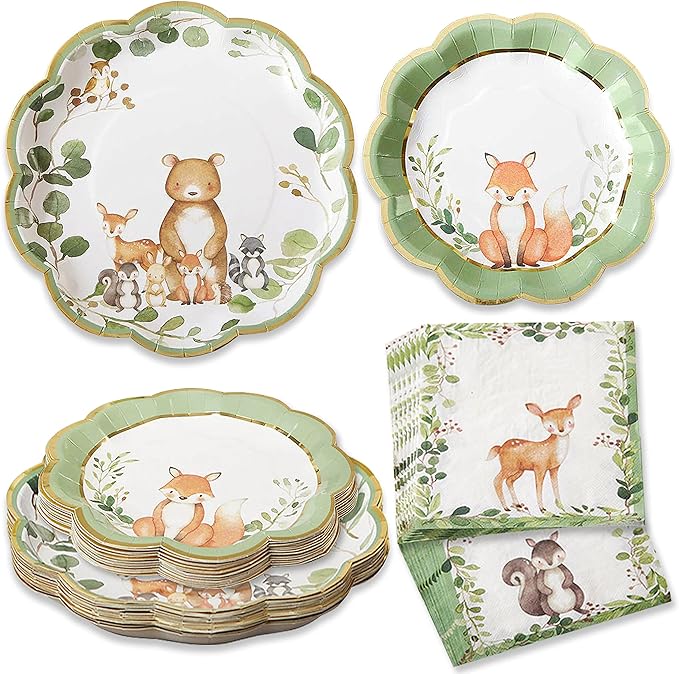 Kate Aspen Woodland Baby Shower Decorations, 62-Piece Disposable Paper Plates & Napkins Party Supplies for 16 Guests - Woodlands Animals Theme for Baby Boy Shower Table Decorations, Gender Reveal