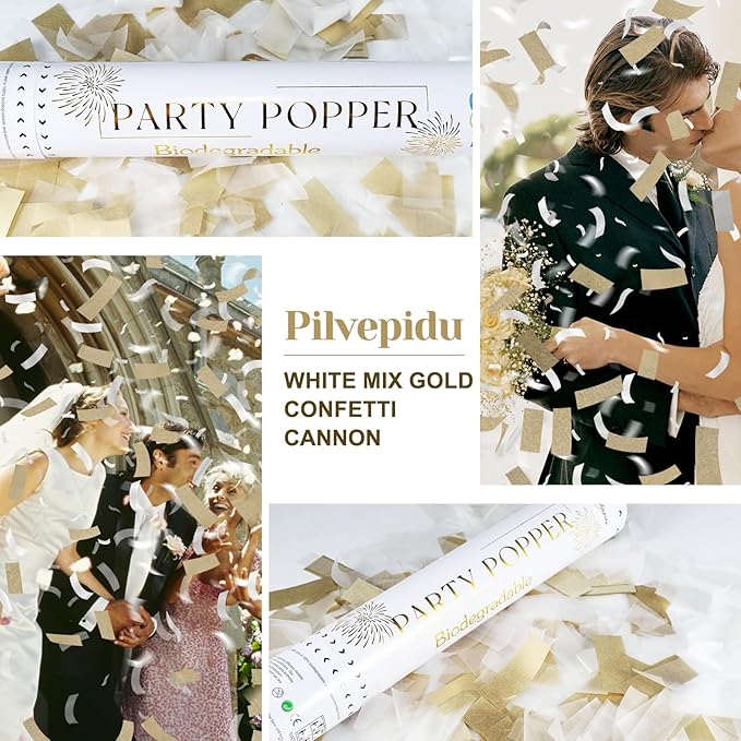 White Mix Gold Rice Confetti Cannon,6Pack Biodegradable Mulitcolor Confetti Poppers Party Shooters,12inch Party Poppers For Lawns Wedding,Birthday,Celebrations,Photo Shoots and New Years.