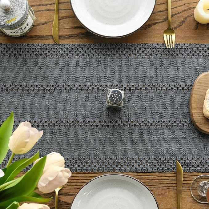 Artoid Mode Dark Grey Farmhouse Woven Rustic Hollow Table Runner, Seasonal Holiday Hollow Kitchen Dining Table Decoration for Home Party Decor 12x72 Inch