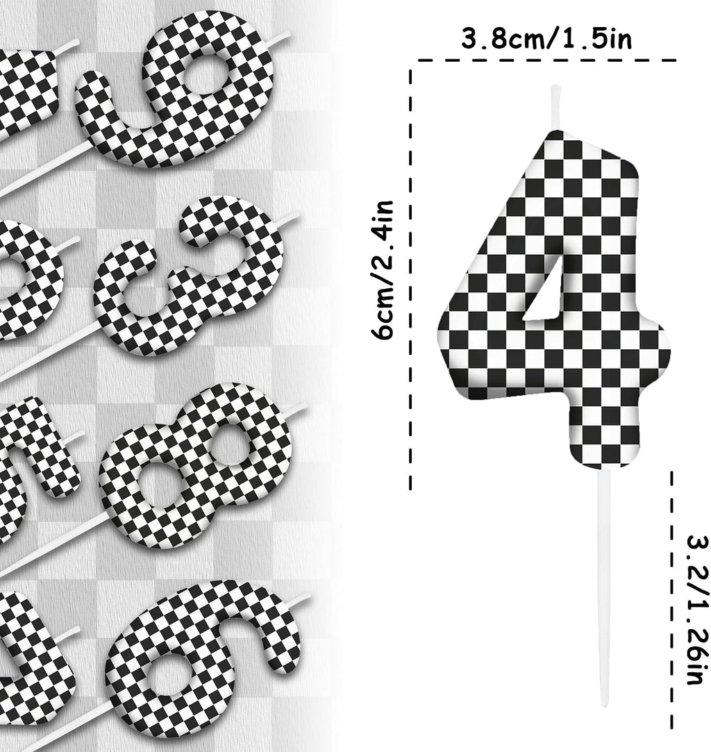 Race Car Birthday Number 4 Candles Cake Topper Birthday Party Decorations | Black and White Checkered Flag Themed Birthday Candles for Cupcake Topper Boys Girls Party Supplies