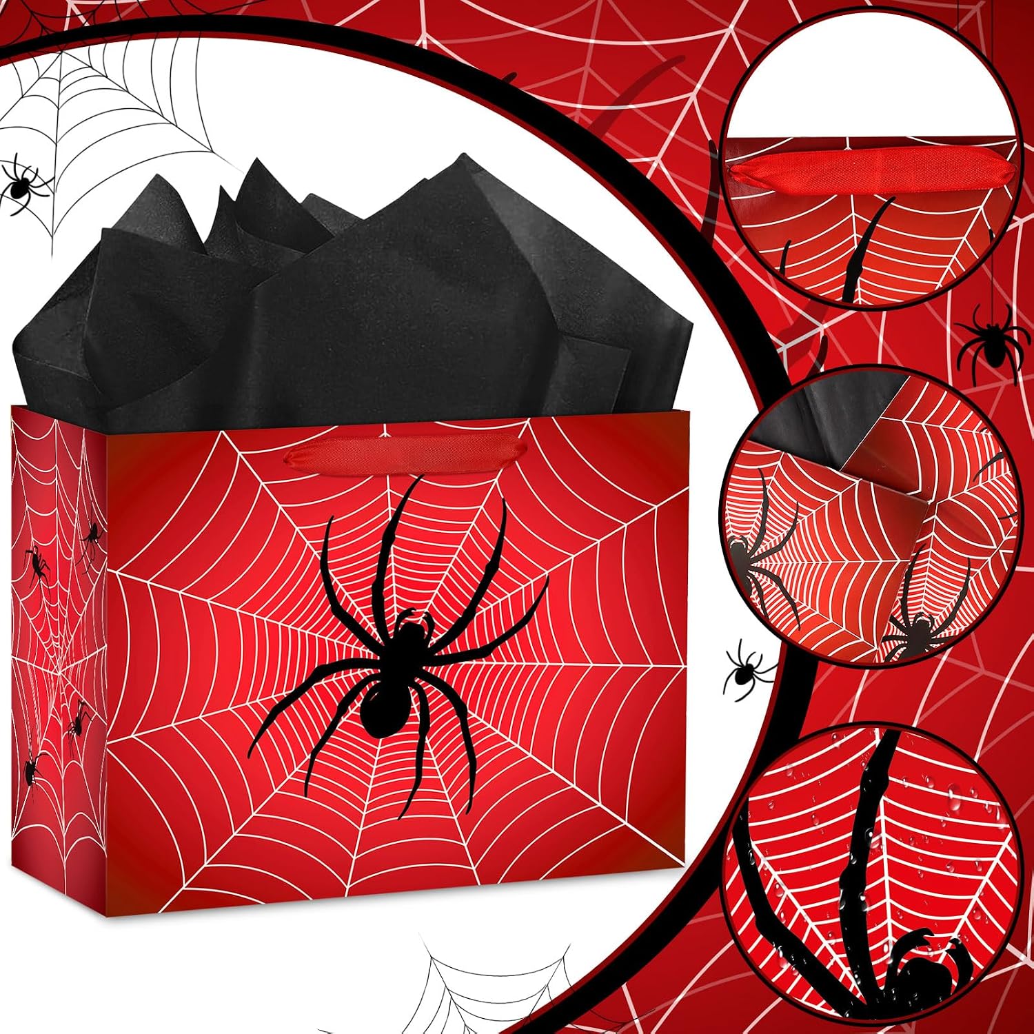 Hooqict Spider Birthday Gift Bag with Handles, Wrapping Paper, Greeting Card for Boys Kids Men Goodie Treat Party Gift Box Black Red Spider Web Birthday Decorations Halloween Bag