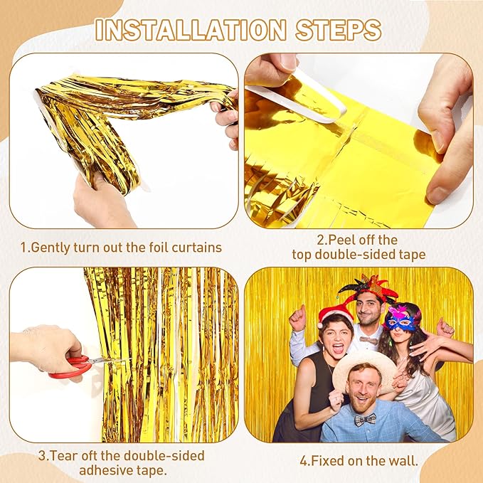 Gold Tinsel Backdrop Birthday Decorations, 2Pack Foil Curtain Backdrop Gold Streamers Dance Party Decorations Photo Booth Props for Bachelorette Decors Christmas Halloween New Years Eve Party Supplies