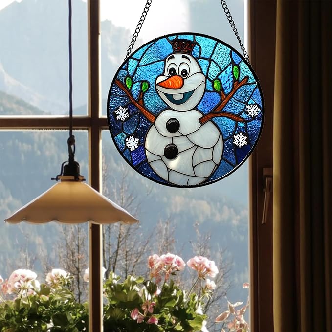 Stained Glass Window Hanging Christmas Funny Snowman 7.8" - Suncatcher Door Garden Blue White Snowflakes Sun Catcher New Year Birthday for Friend Mom Men Woman Nana