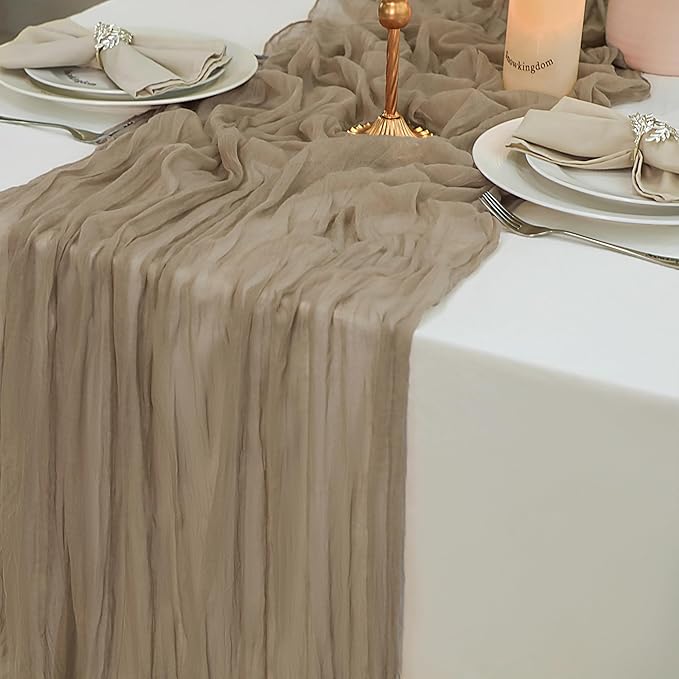 Snowkingdom 10 FT Nude Brown Cheesecloth Table Runner, 120 inch Long Cheese Cloth Boho Rustic Gauze Sheer Runner for Wedding Party Baby Shower Birthday Christmas Holiday Table Decorations