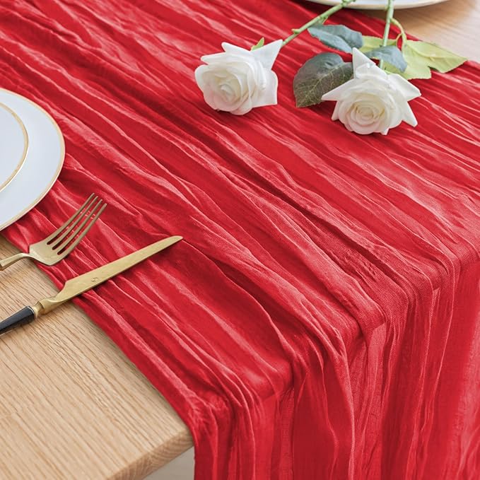 Asee'm Fall Table Runner Cheesecloth 10FT Red Boho Gauze Fabric Rustic Sheer Cheese Cloth Runners for Thanksgiving Wedding Bridal Shower Party Decoration