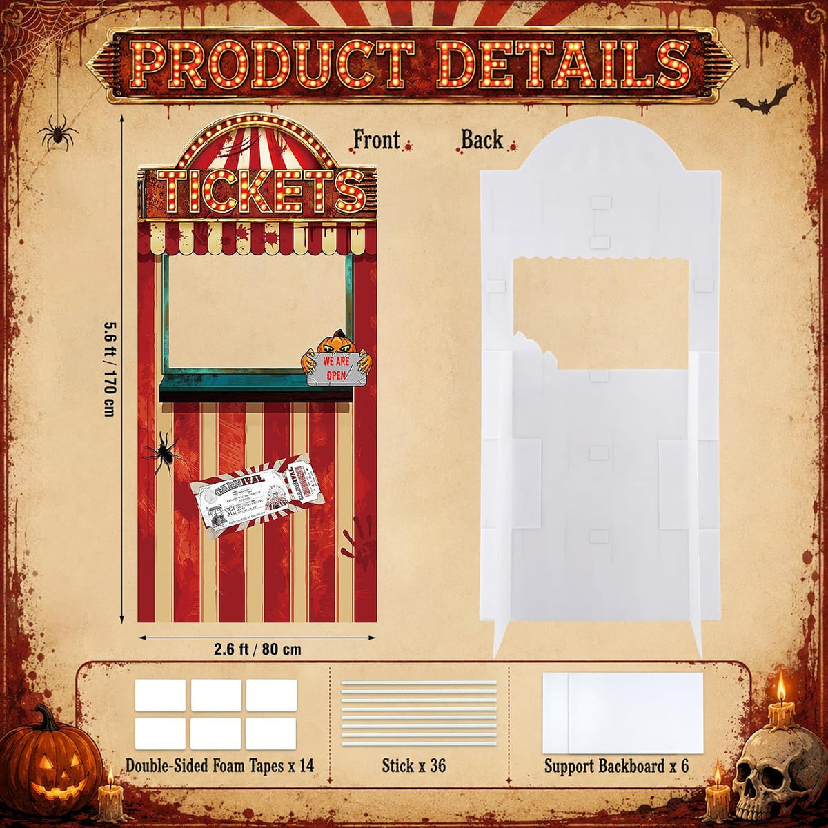 5.6 Ft Creepy Carnival Ticket Booth Photo Prop, Stand Up Halloween Carnival C...