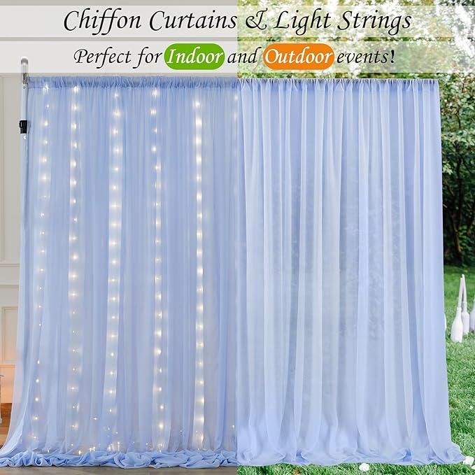 10ft x 10ft Baby Blue Chiffon Backdrop Curtain with Lights String for Parites Wedding Light Blue Curtains Photo Backdrop Drapes for Baby Shower Birthday Party Home Decorations