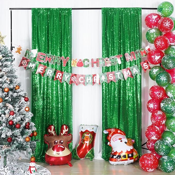 Poise3EHome 4Pcs 2Ft x 8Ft Green Sequin Backdrop Curtains, Glitter Photography Background, Sequence Xmas Thanksgiving Backdrop (Green, 4 pcs-2ftx8ft)