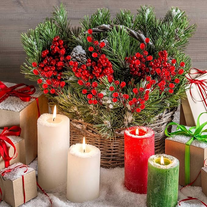 40 Pcs Artificial Berry Stems Branches, Red Christmas Faux Holly Berries Picks Ornaments for Christmas Tree Wreath DIY Craft Decorations Holiday Home Decor (40, Red)