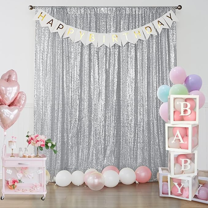 Sugargirl Silver Sequin Backdrop Curtain 2FTx8FT Glitter Background Drapes Sparkle Photography Backdrop for Party Wedding Birthday Wall Decor（2 Panels,Silver
