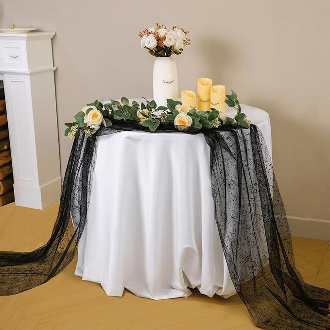 Snowkingdom Black Table Runner, 10FT Sheer Tulle Cheesecloth Gauze Metallic Mesh Foil Table Decoration for Halloween, Party, and Christmas
