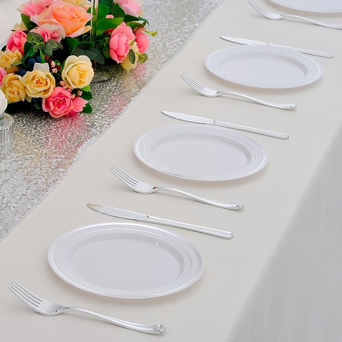 120pcs Silver Dessert Plates with Forks for 60 Guests-60pcs 7.5" Disposable Silver and White Small Plates with 60pcs 7.4" Forks-Cake/Appetizer/Salad Plate for Wedding,Birthday,Party