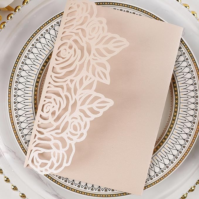 50pcs Tri-Fold Laser Cut Invitation with Envelope Blank Inner Sheets RSVP Cards Personalized Wedding Invitations for Bridal Shower QuinceañEra Engagement Birthday Invites 5X7 Inch Blush Pink