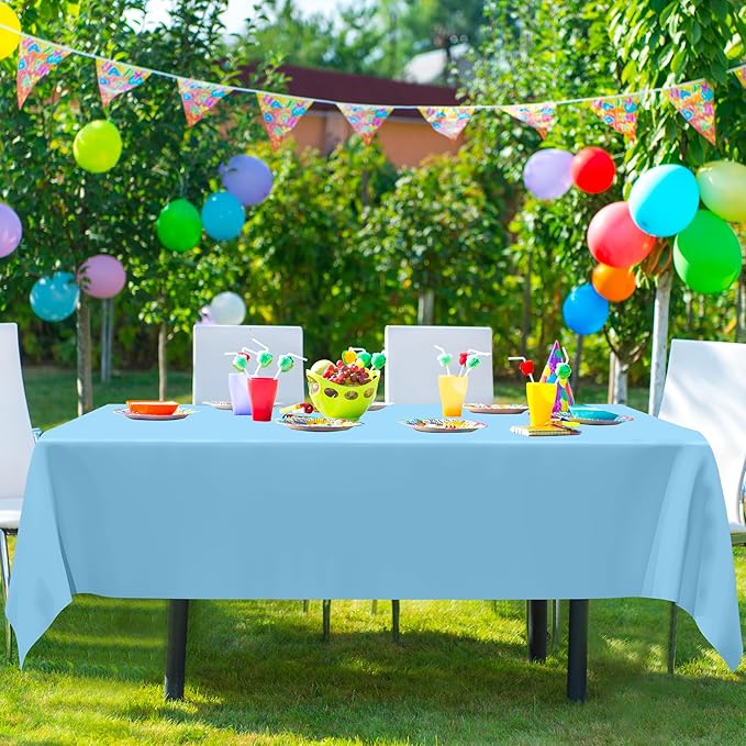 QZYL 12 PCS SkyBlue Plastic Tablecloths, 54 in x 108 in Dinner Table Cloths, Rectangle Table Cover for Birthday Party Family Gathering Wedding