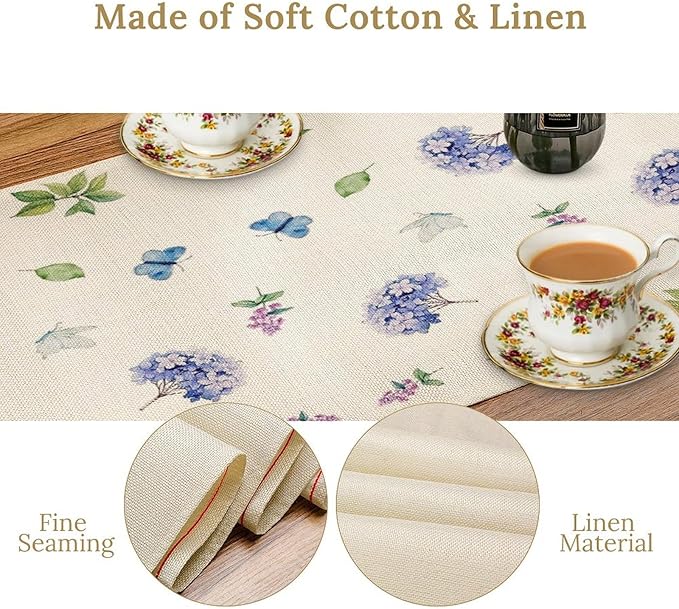 Spring Hydrangea Flower Table Runner, Seasonal Summer Plants Watercolor Florals Butterfly Dinner Runner for Home Kitchen Dining Table Party Holiday Decoration 13"x120"