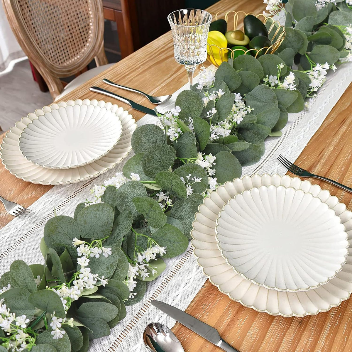 eucalyptus garland with white flowers 4 packs 5.9ft, side view