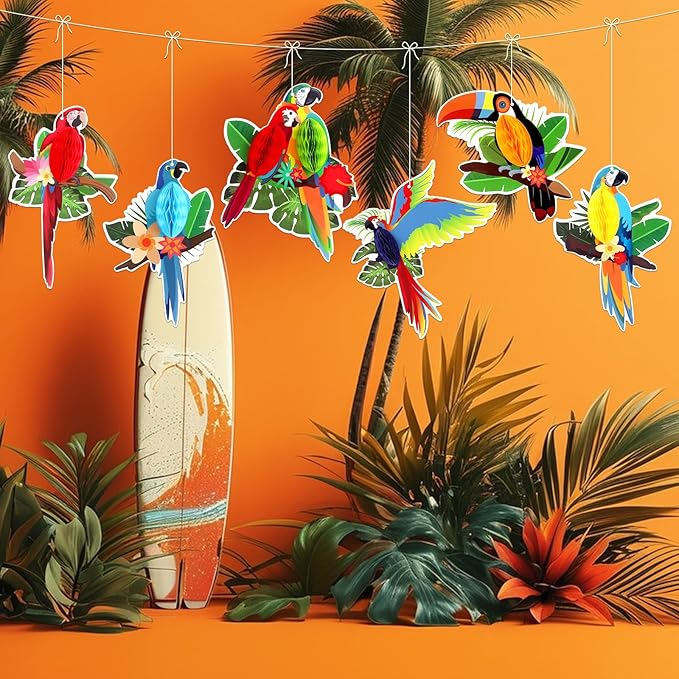 6Pieces Tropical Birds Honeycomb Parrot Paper Cutouts Decorations, Hawaiian Party Hanging Parrot Decorations for Luau Summer Rainforest Party Indoor Outdoor