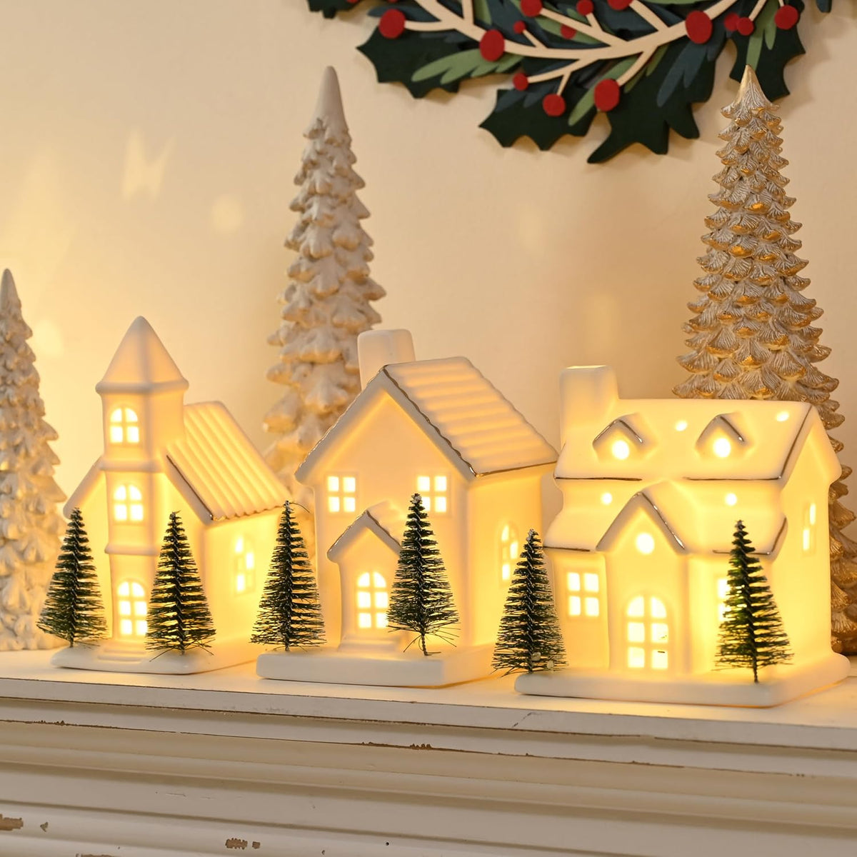 ceramic white christmas village houses, light up porcelain, main product view