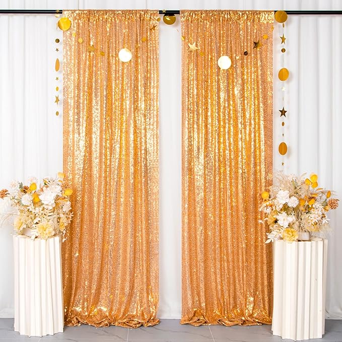 ShinyBeauty Gold Sequin Backdrop 2FTx8FT 8 Pieces Photography Backdrops Baby Shower Backgrounds Sequins Fabric Golden Shimmer Curtains for Party,Outdoor,Wedding Decor Sparkle Curtain Panels
