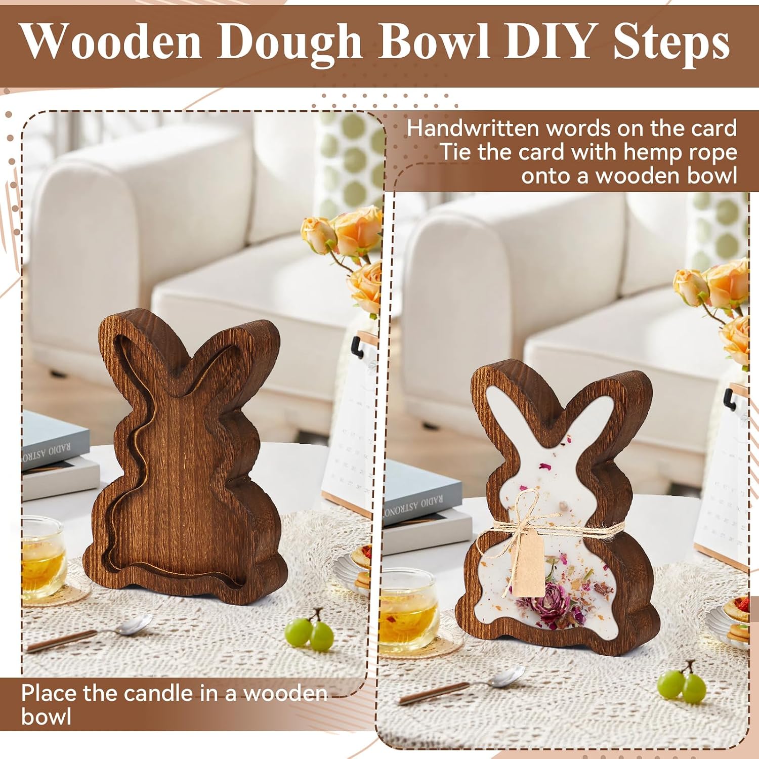 5 Pcs Easter Wooden Dough Bowl for Candle Making, 7.4" x 5.5" Rabbit Shaped Dough Bowls for Decor Rustic Paulownia Wood Dough Bowl Candle With Cards & Ropes for DIY Home Farmhouse Decor