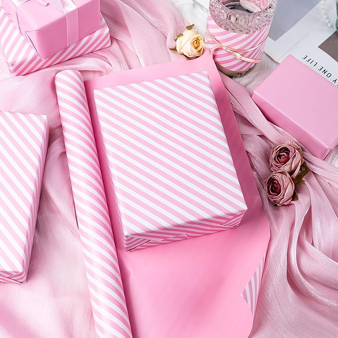 Burymento Pink and White Stripes Wrapping Paper, Reversible Pink Gift Wrap for Birthday, Valentines, Mothers day, Graduation, Wedding, Fathers day, Baby Shower, Christmas (17in x 32.8ft)