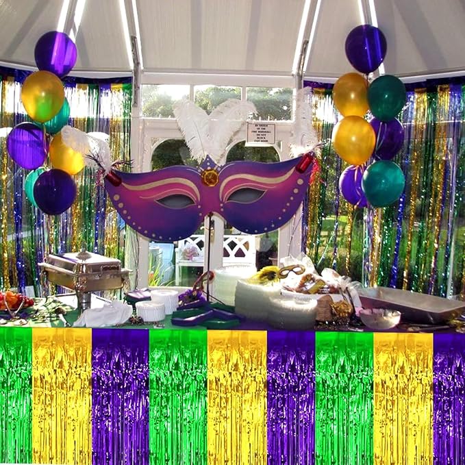 4 Pack 29x108 Inch Mardi Gras Metallic Foil Fringe Tinsel Table Skirts for Rectangle Tables Streamer for Christmas, Birthday, Parade Floats, Halloween Party Supplies(Gold Green Purple)