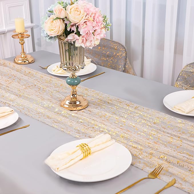 Snowkingdom 10 Ft Gold Table Runner, Sheer Chiffon Tulle Cheesecloth Golden Sequin Glitter Metallic Foil, Gold Party Table Decorations Centerpiece for Wedding Birthday Christmas Bridal Baby Shower