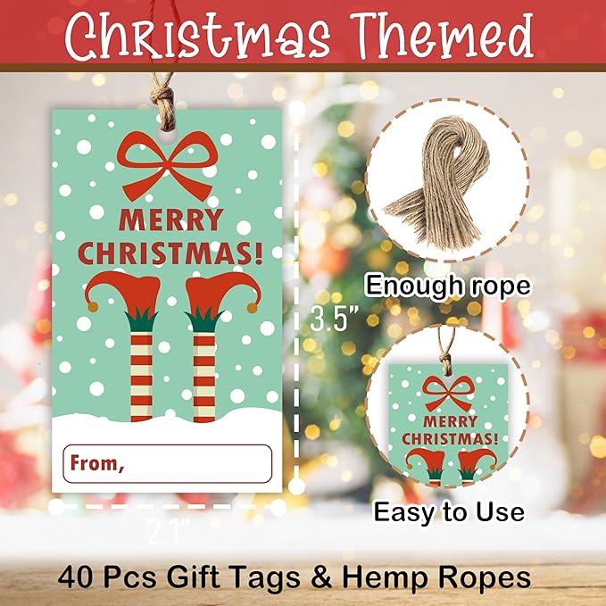 40 Pcs Christmas Gift Tags, 2.1"×3.5" Merry Xmas Paper Tags with String, Hanging Christmas Presents Label Wrapping for Party FavorDecorations, 4 Styles - A04