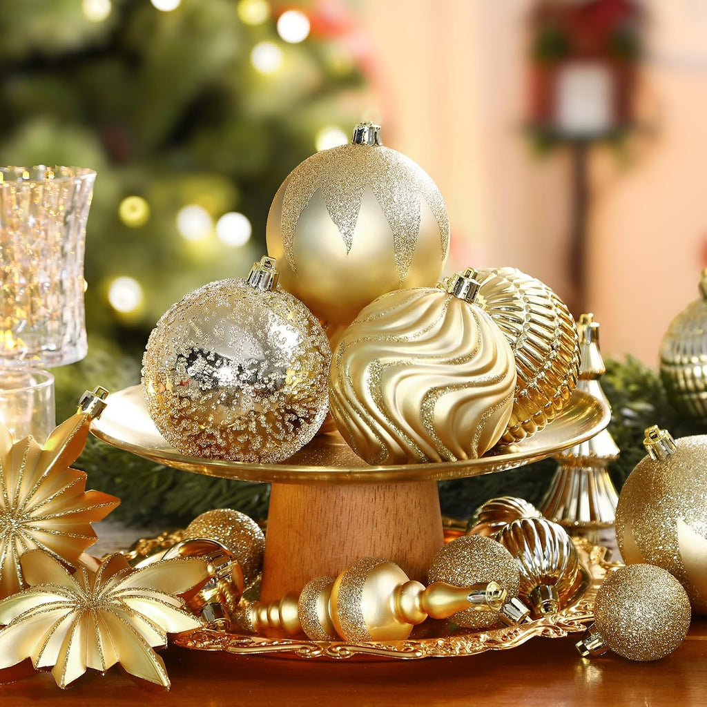 SHareconn 80pcs Christmas Balls Ornaments Set, Contemporary Light Luxury Gift Set, Shatterproof Plastic Decor for Xmas Tree Holiday Wedding Party Decorations with Hanging Strings, Dark and Light Gold