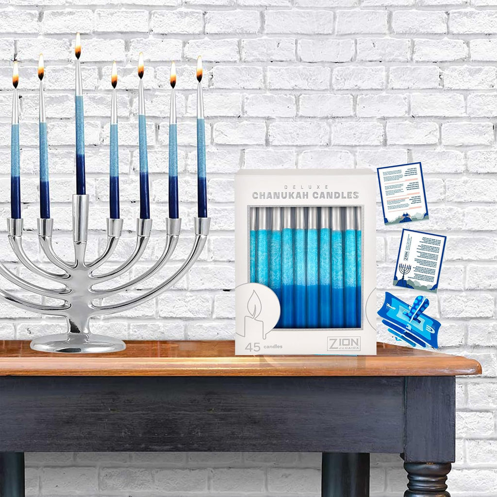 Zion Judaica Metallic Tip Hanukkah Candles Set of 45 Silver Tip Frosted Blue Shades Deluxe Chanukah Candles for Menorah Clean Burning 1 Hour Long Lasting Includes Dreidel & Candle Blessings Card
