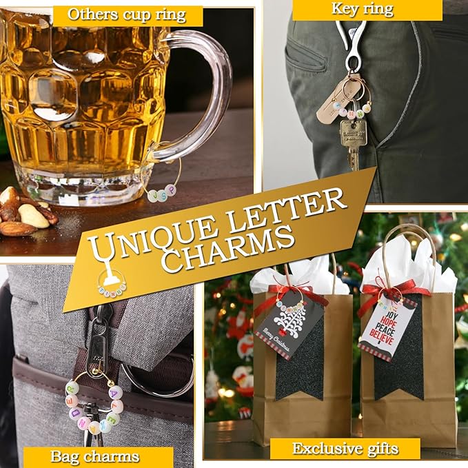 60 Sets DIY Wine Glass Charms – 780 Letter Beads 120 Gold Beads 60 Charm Rings 2 Tweezers, Drink Identifier Charms Wine Glass Marker Tags for Wedding Cocktail Bachelorette Party Decoration (Luminous)