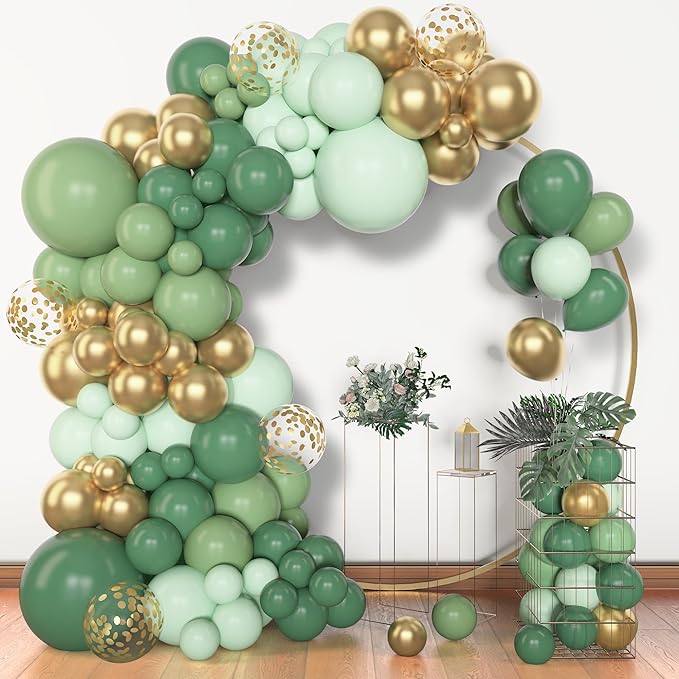Amandir 153pcs Sage Green Balloon Garland Arch Kit, Different Sizes 18 12 10 5 inch Sage Green Gold Latex Metallic Confetti Gold Balloons for First Communion Safari Baby Shower Baptism Decorations
