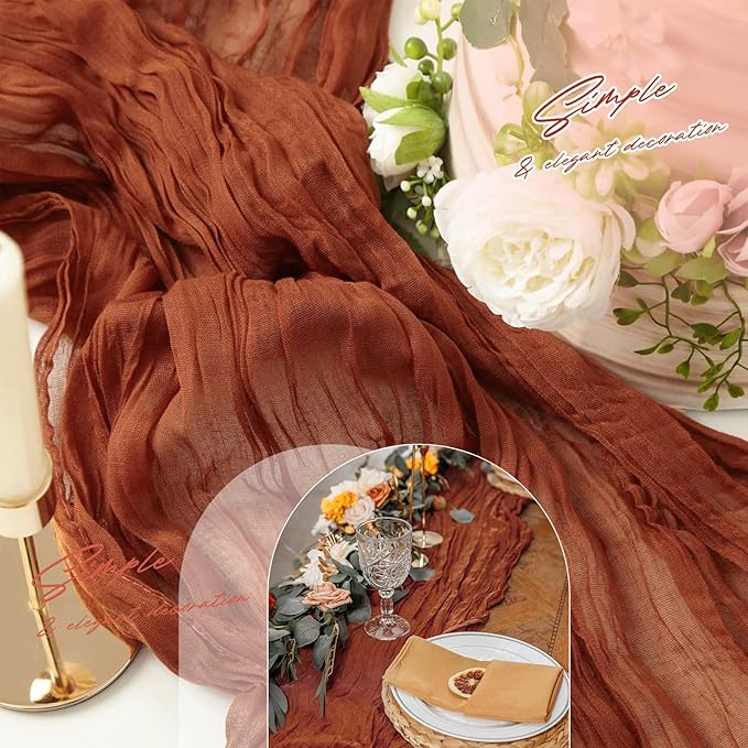 Aktor 4 Pack Terracotta Table Runner Boho Cheesecloth Table Runner Semi Sheer Gauze Fabric Runners for Wedding Birthday Baby Shower Party Boho Table Decoration（Terracotta）