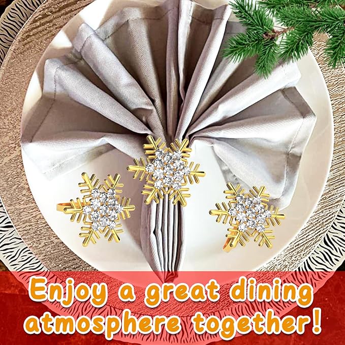 Halatool Christmas Napkin Rings Set of 8, Gold Snowflake with White Rhinestone Napkin Holder for Christmas Thanksgiving Winter Holiday Place Setting, Weddings, Party Table Decoration
