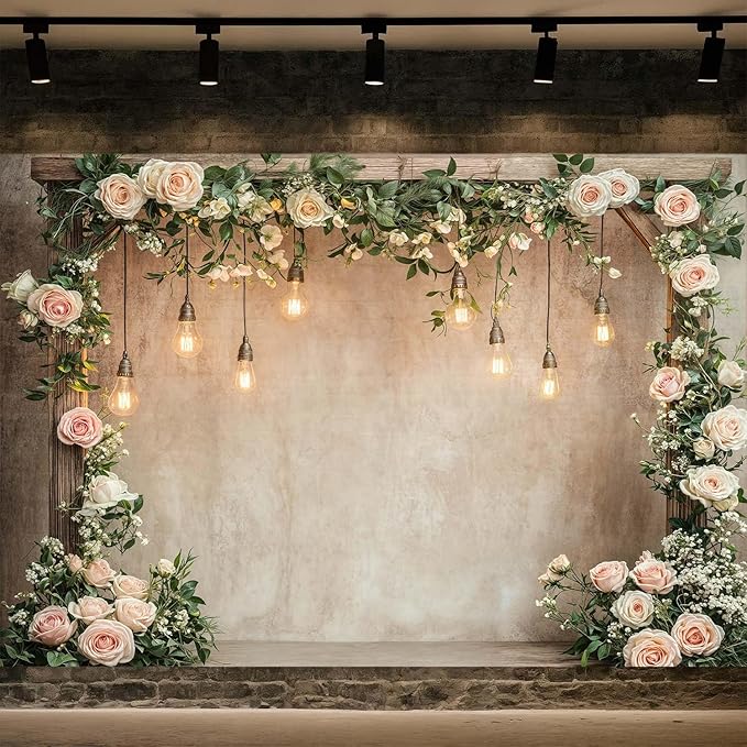 10x10ft Country Wedding Photography Backdrop Floral Rustic Roses Farmhouse Wooden Door Backdrop Pink Flower Birthday Baby Shower Wedding Bridal Party Banner Photo Booth Props Anniversary Background