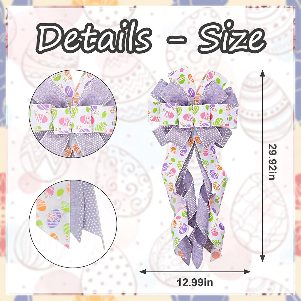 Estivaux Large Easter Wreath Bows for Front Door, Purple White Burlap Bow Spring Floral Eggs Tree Topper Bows for Wreath Wall Window Easter Decorations