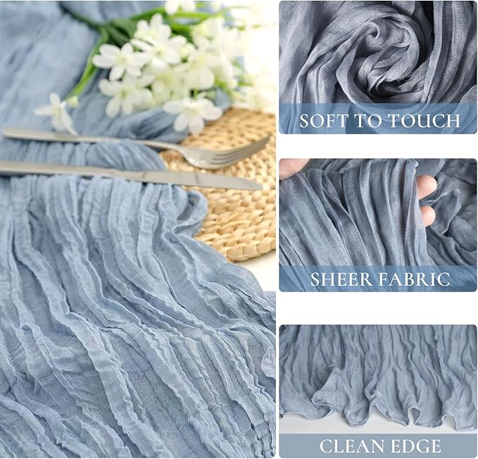 12 Pack Dusty Blue Cheesecloth Table Runners 35x120 Inch,10FT Boho Fall Thanksgiving Blue Gauze Table Runner Cheese Cloth for Wedding Party Baby Shower Home Decorations