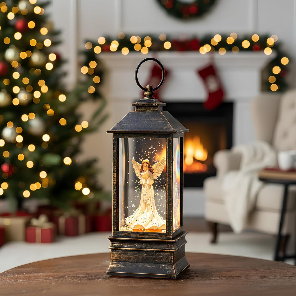 10'' musical snow globe lantern lighted angel with, package contents